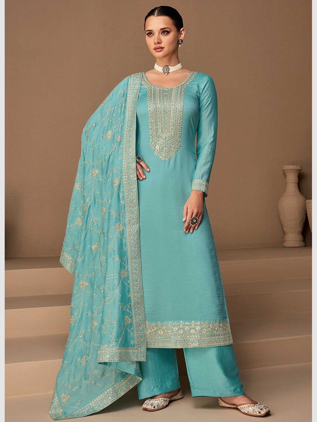 Buy Peachmode Appealing Aqua Green Colored Embroidered Chanderi Silk Salwar  Suit - at Best Price Best Indian Collection Saree - Gia Designer